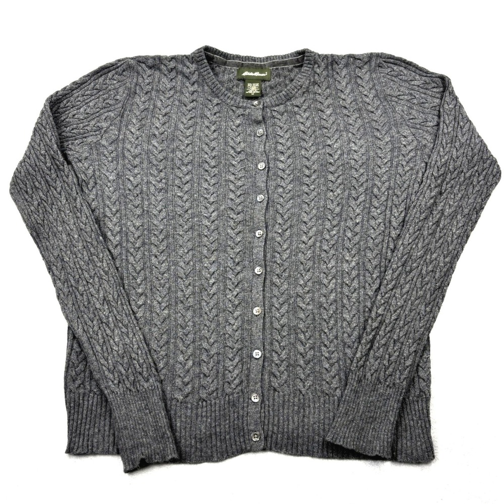 Eddie Bauer Womens Medium Cable Knit Cardigan Sweater Gray Cashmere Angora Blend